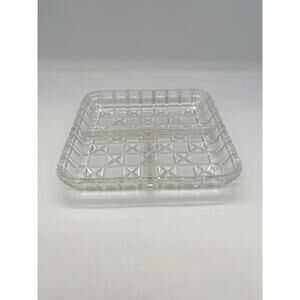 Vintage Indiana Glass Clear Block & Stars 3 Part Square Relish Dish 7”